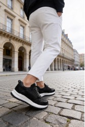 Mens Genuine Leather Sneakers - Black White - 321